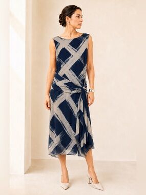 Iris Setlakwe Abstract Navy Tie Front Asymmetric Midi Dress Sz 8